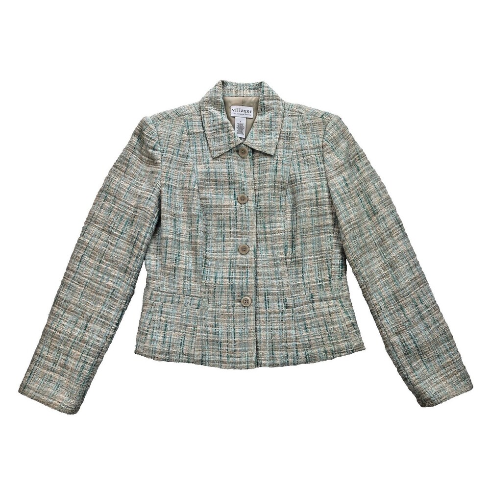 Villager Blazer Women's Size 6 Button Front Tweed Blazer Seashell Mint Green